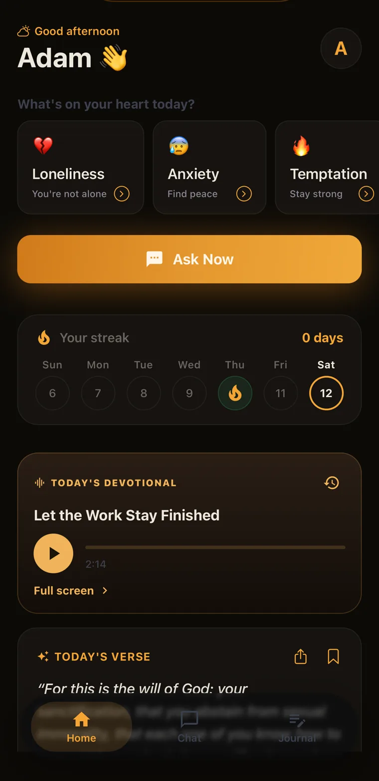 The AskJesus home screen with topic cards, an Ask Now button, a streak calendar and today's devotional.